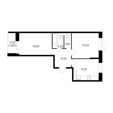 Двухкомнатная квартира 54.5 м²