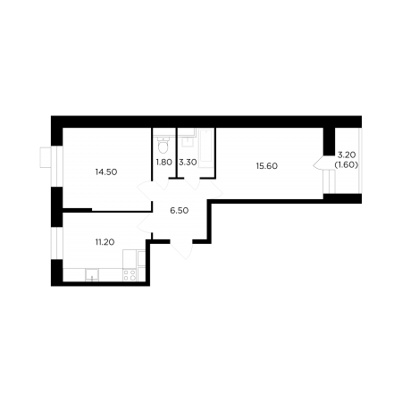 Двухкомнатная квартира 54.5 м²