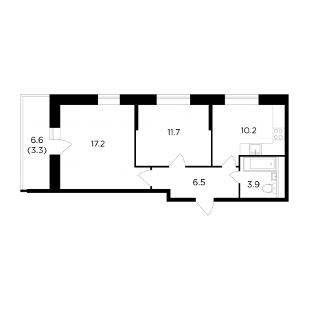 Двухкомнатная квартира 52.8 м²