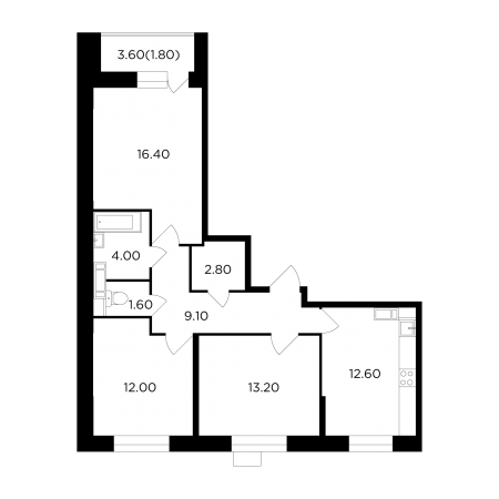 Трёхкомнатная квартира 73.5 м²
