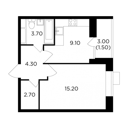 Однокомнатная квартира 36.5 м²