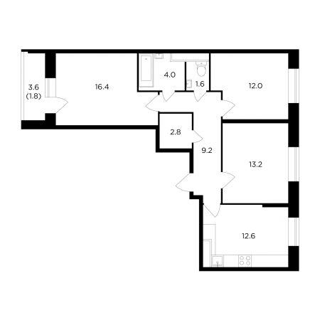 Трёхкомнатная квартира 73.6 м²
