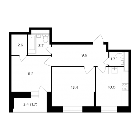 Двухкомнатная квартира 53.9 м²