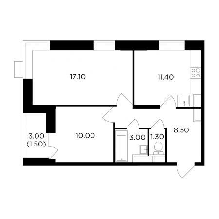 Двухкомнатная квартира 52.8 м²
