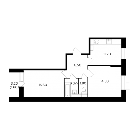 Двухкомнатная квартира 54.5 м²