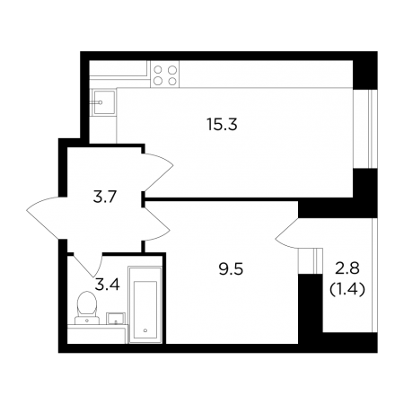 Однокомнатная квартира 33.3 м²